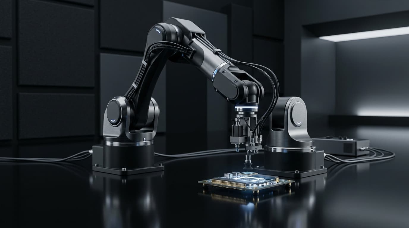 A robotic arm placing components on a circuit board, connected to a control unit
