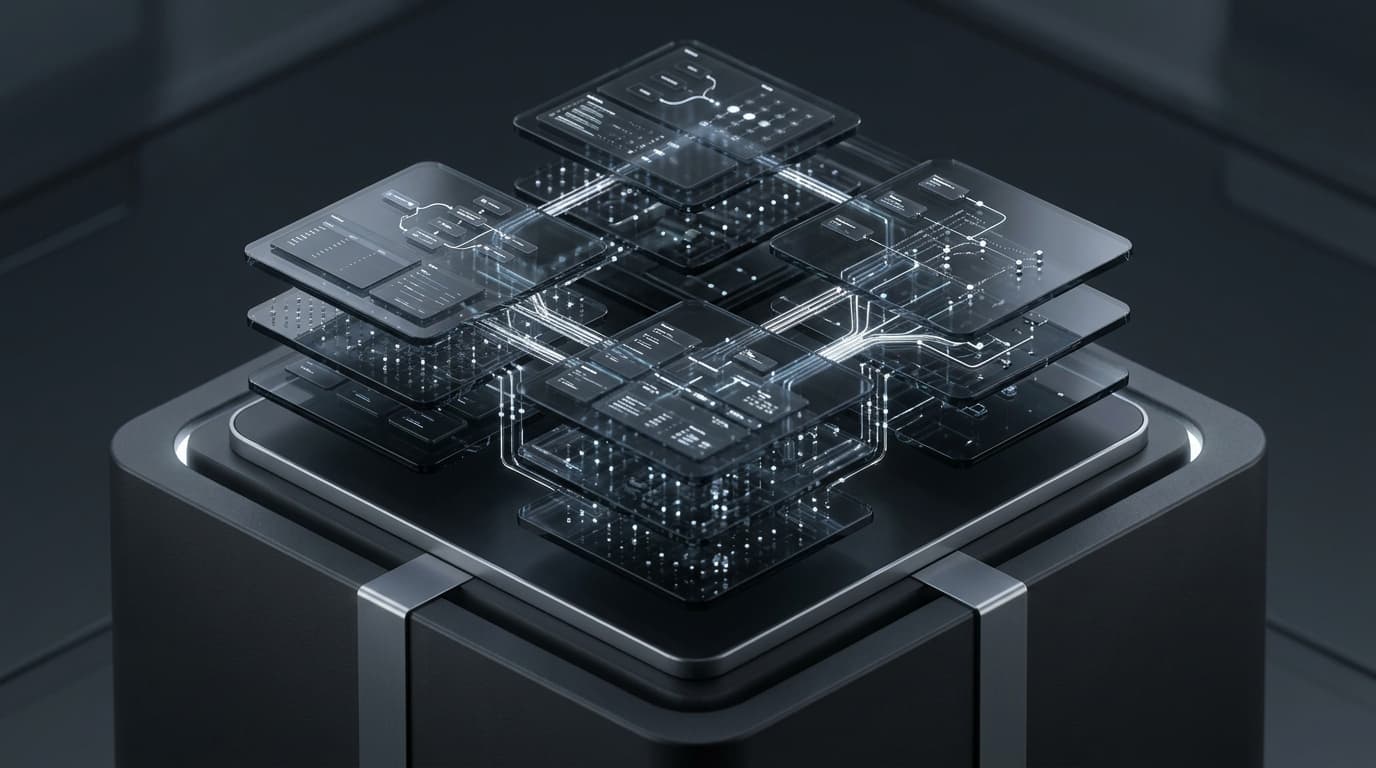 Stacked glass modules linked by data paths above a server base, representing connected enterprise systems