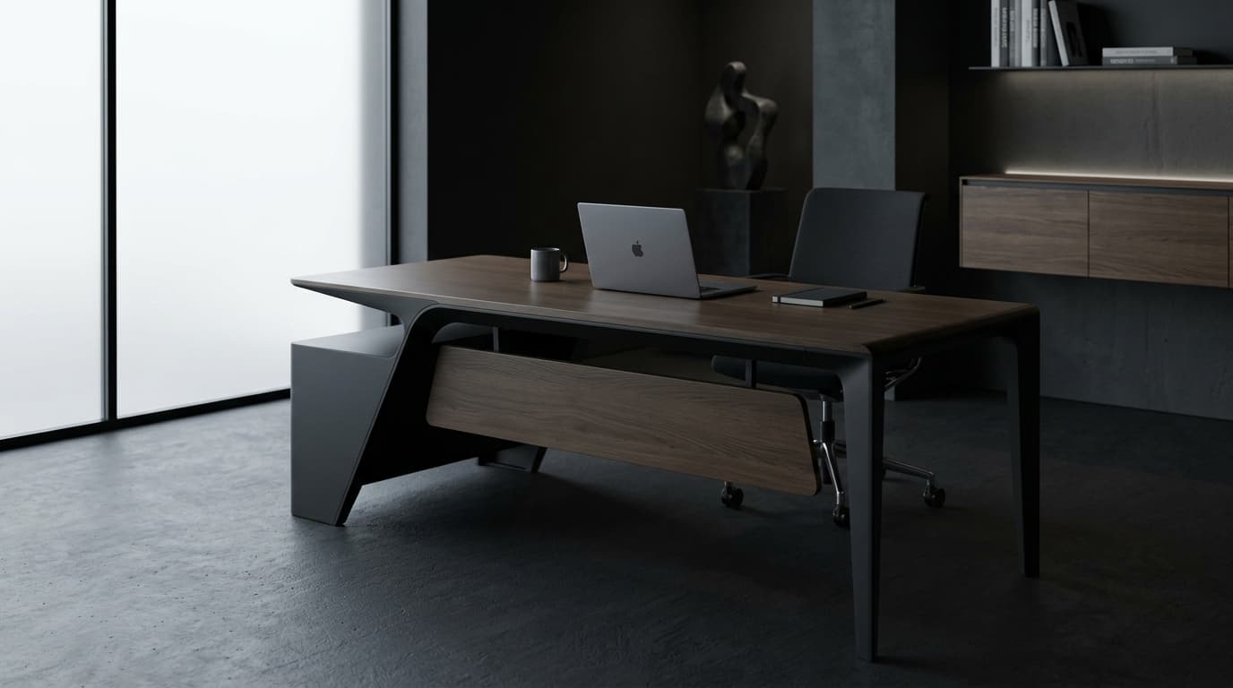 A custom walnut and black steel executive desk with a chair in a dark office