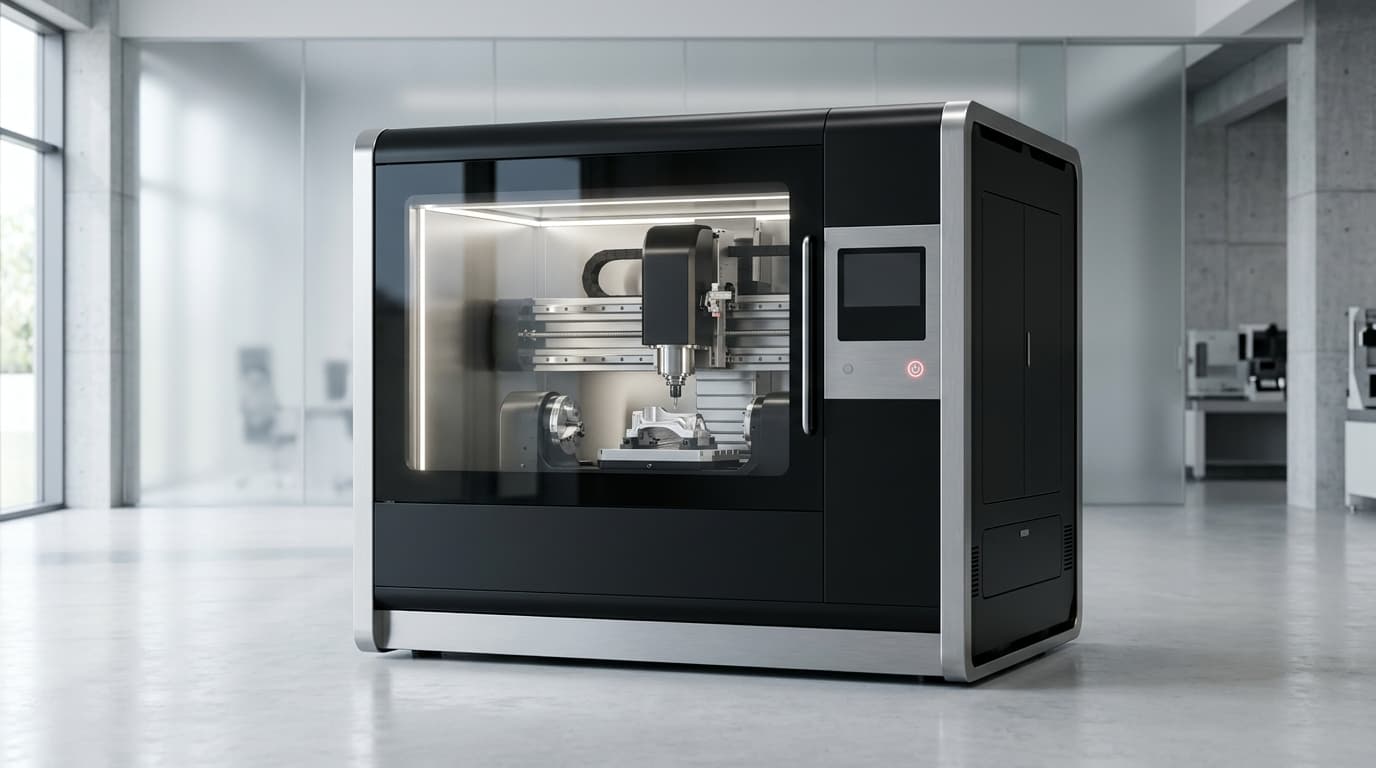 An enclosed CNC milling machine with a touch control panel in a bright facility