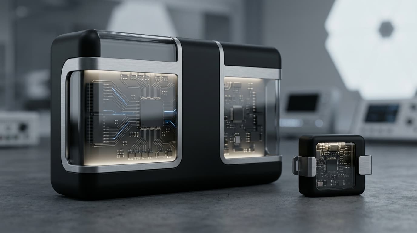 Two IoT device enclosures with visible circuit boards on a lab workbench