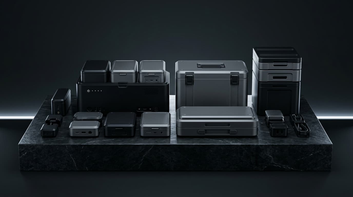 An arranged set of hardware units, cases, and storage boxes on a marble platform