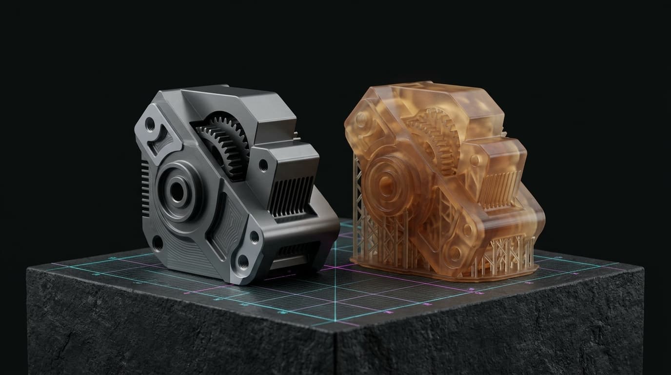A machined metal gearbox beside its translucent 3D-printed prototype on a measuring grid