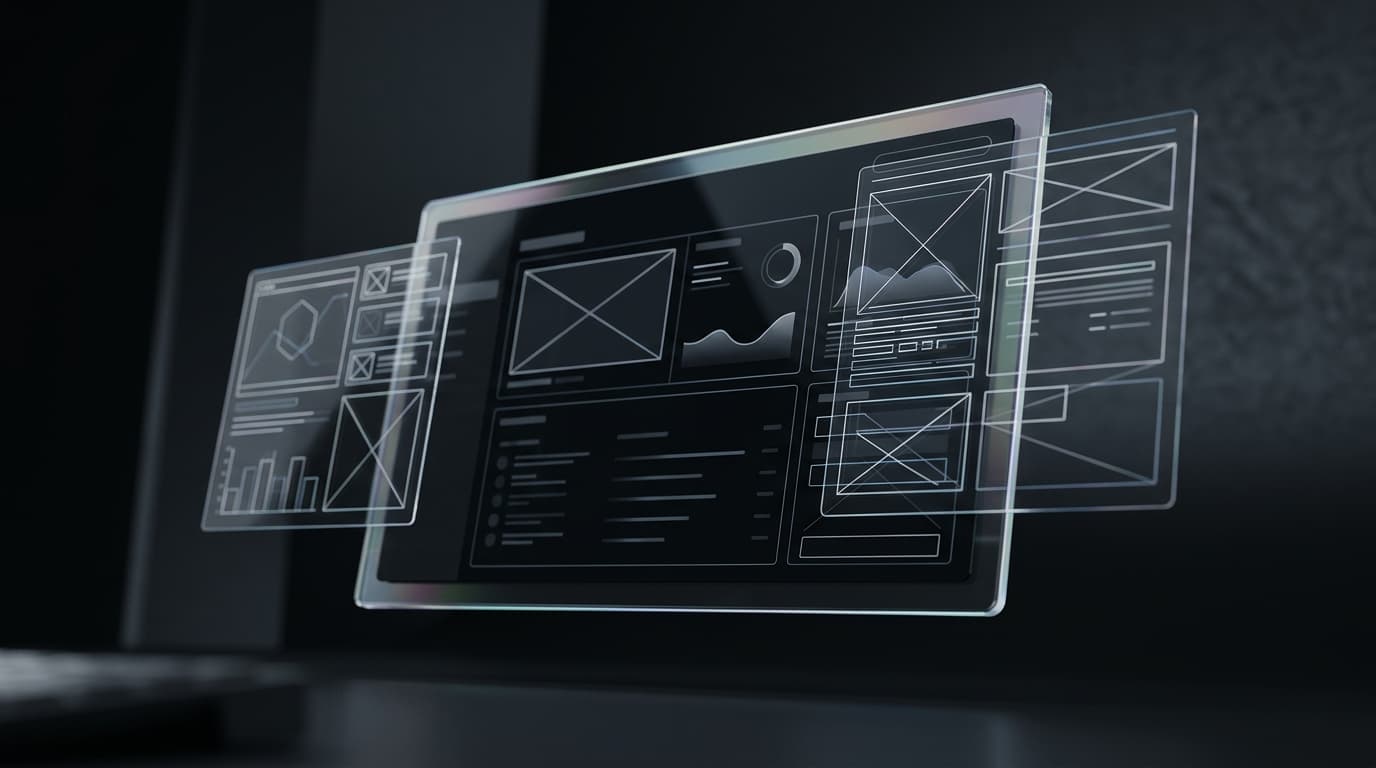 Layered glass panels showing web application wireframes and dashboard layouts