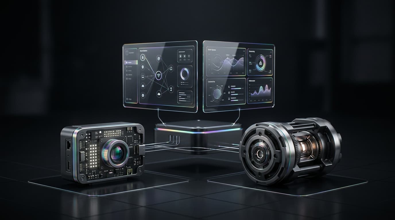 A camera module and an industrial motor connected through a central hub to floating system dashboards
